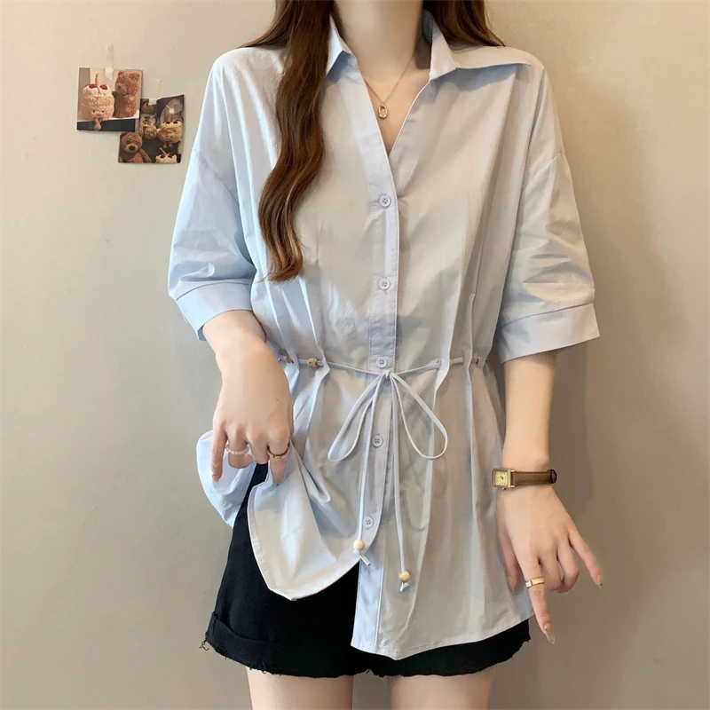 大码遮肚子设计感小众V领短袖衬衫女夏季胖妹妹宽松显瘦收腰上衣