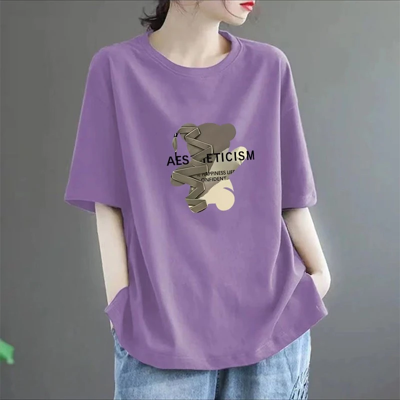 100%纯棉圆领短袖T恤女夏季新爆款宽松大码显瘦减龄百搭休闲上衣