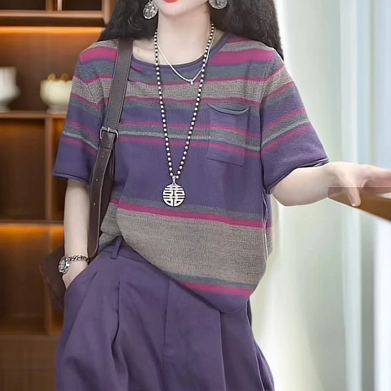 春夏新款复古立领套头时尚百搭气质显瘦针织短袖