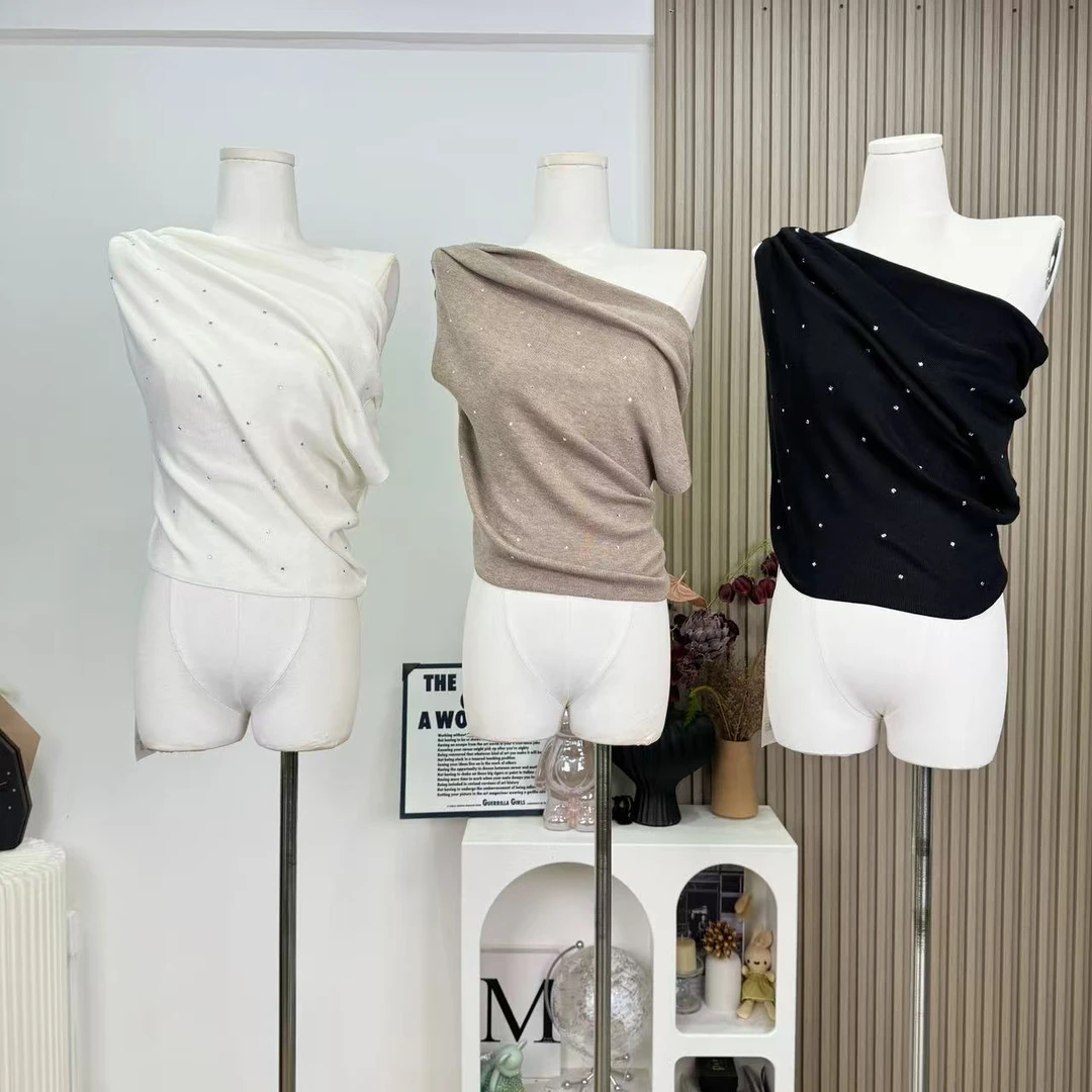 CHEISLY 夏季纯欲风一字肩荡领烫钻针织短袖T恤慵懒褶皱显瘦上衣