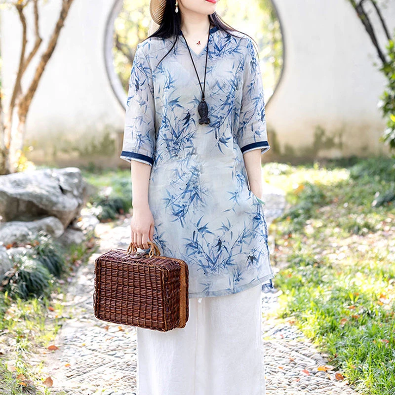 中国风复古V领印花上衣2025夏季宽松显瘦气质中长款茶服套装A335