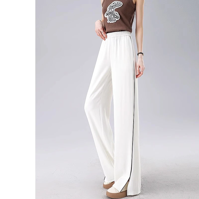 白色冰丝阔腿裤女2025新款夏薄款垂感西装开叉黑条纹运动休闲裤子