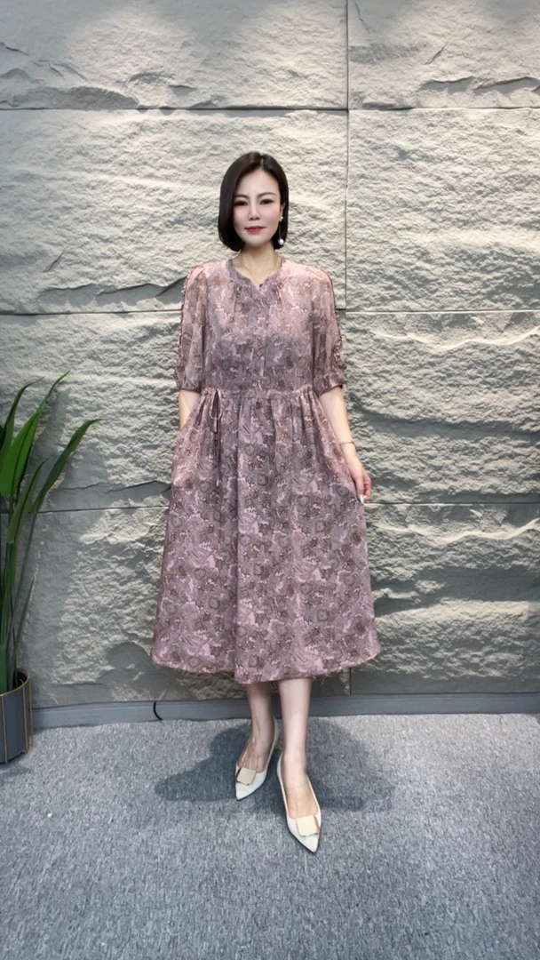 【千姿燕】5187新款小V领水墨山水风景画气质收腰显瘦百搭连衣裙