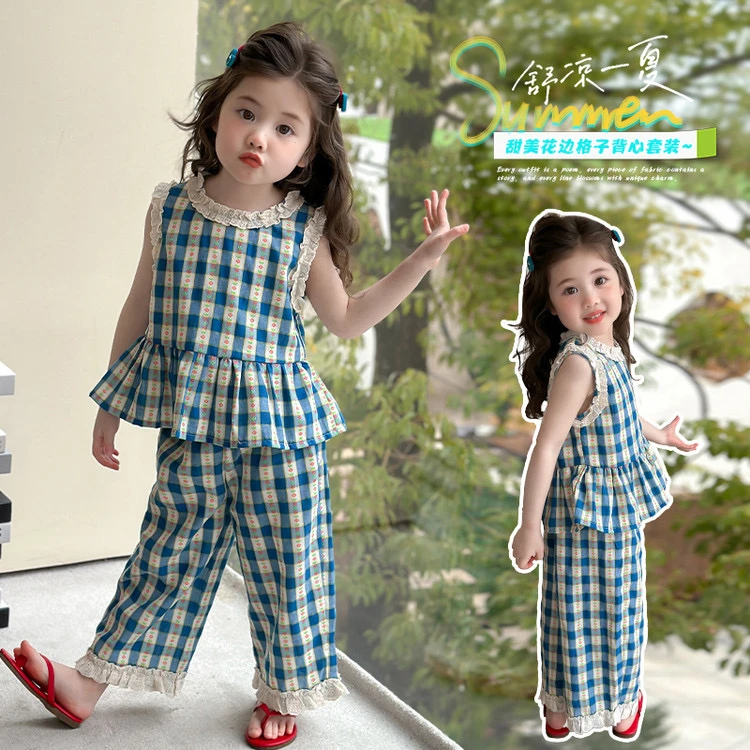 女童格子套装夏季薄款女宝宝无袖背心七分裤百搭中小童两件套