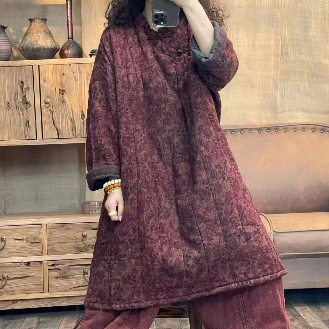 秋冬季复古斜襟盘扣套头中长款夹棉加厚棉袄（衣长101胸围148）