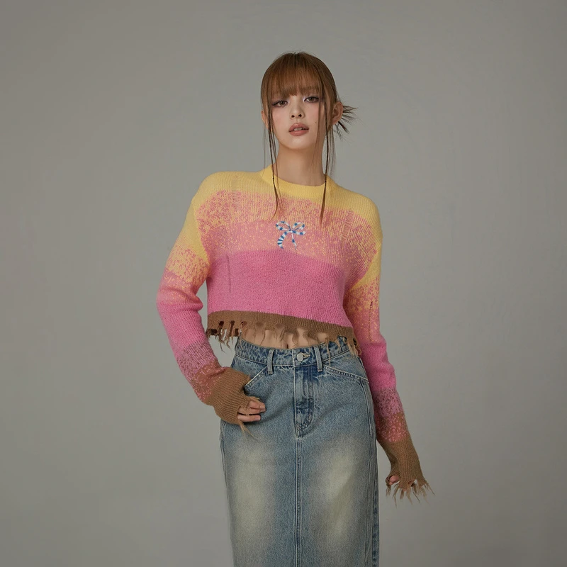 C017【马琦尧专属】CHUU撞色条纹设计渐变配色宽松针织衫-Y