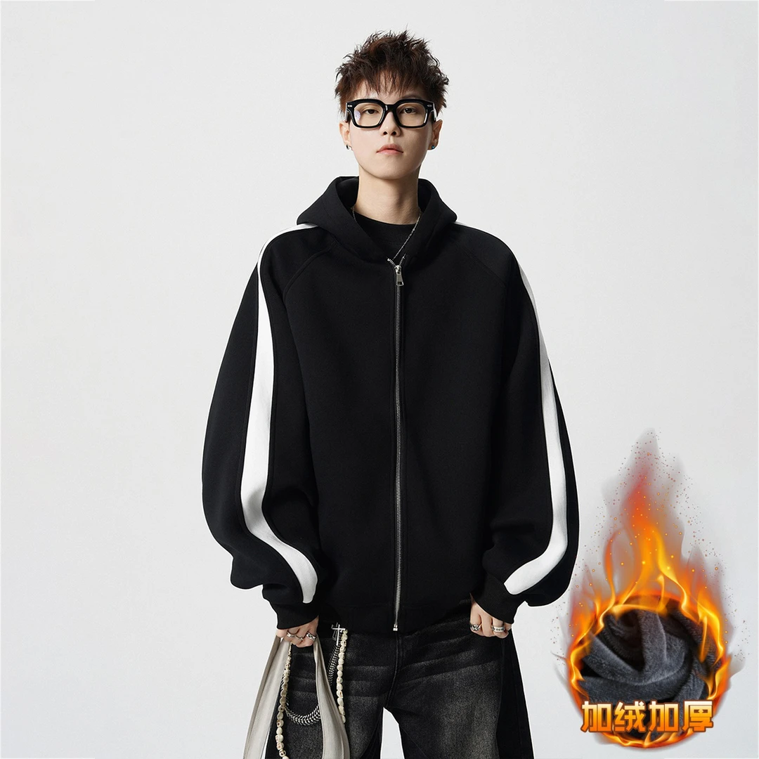 秋冬季宽松连帽开衫情侣青年拼接拉链卫衣保暖加绒厚款休闲外套男