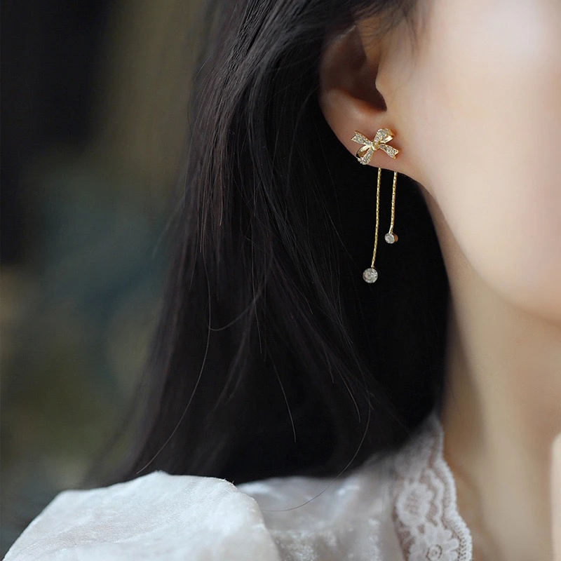 铜合金耳饰 轻奢时尚气质百搭一款两戴蝴蝶结长款流苏耳环FT619