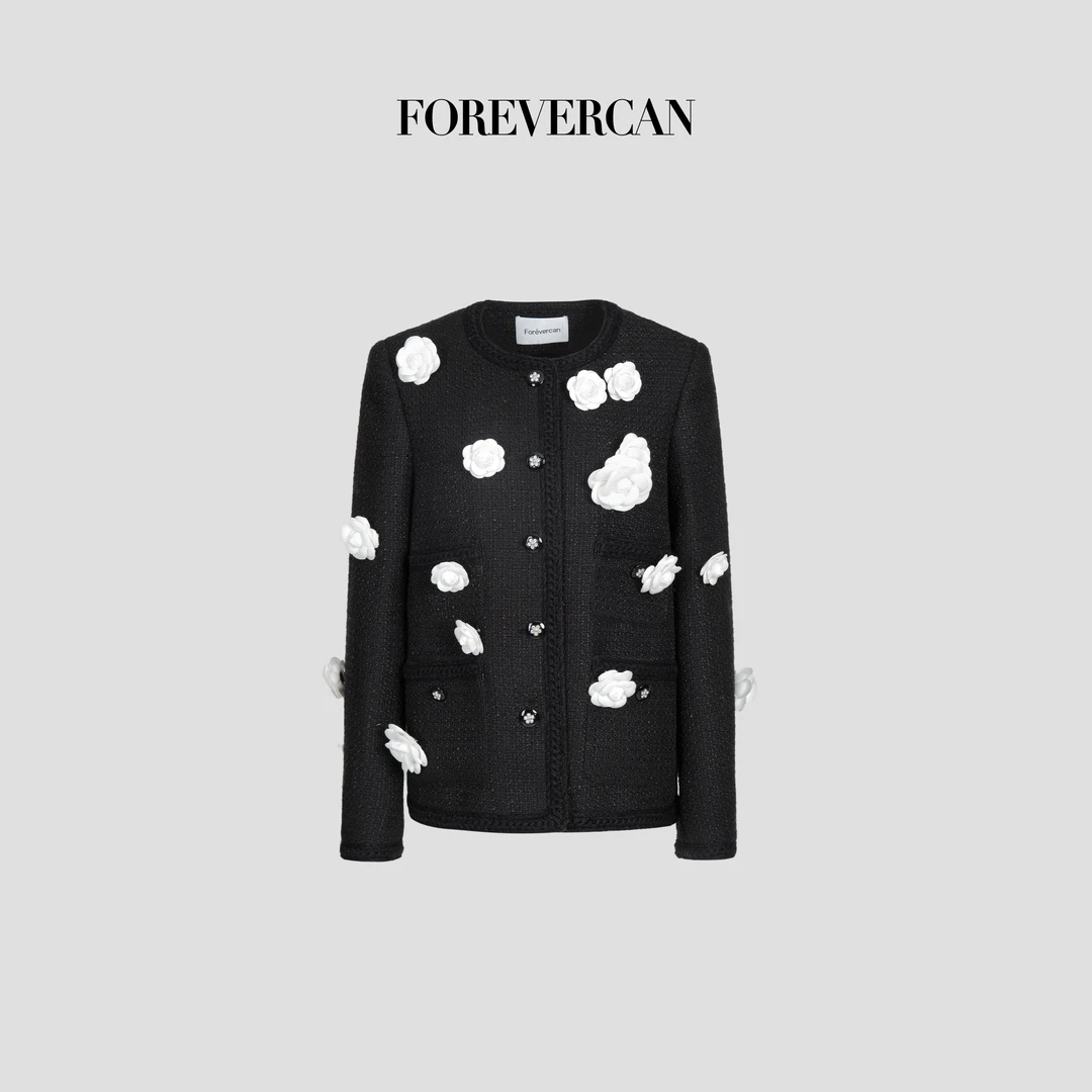 FOREVERCAN“花朝月夜”英国进口粗花呢立体山茶花西装外套SC22679
