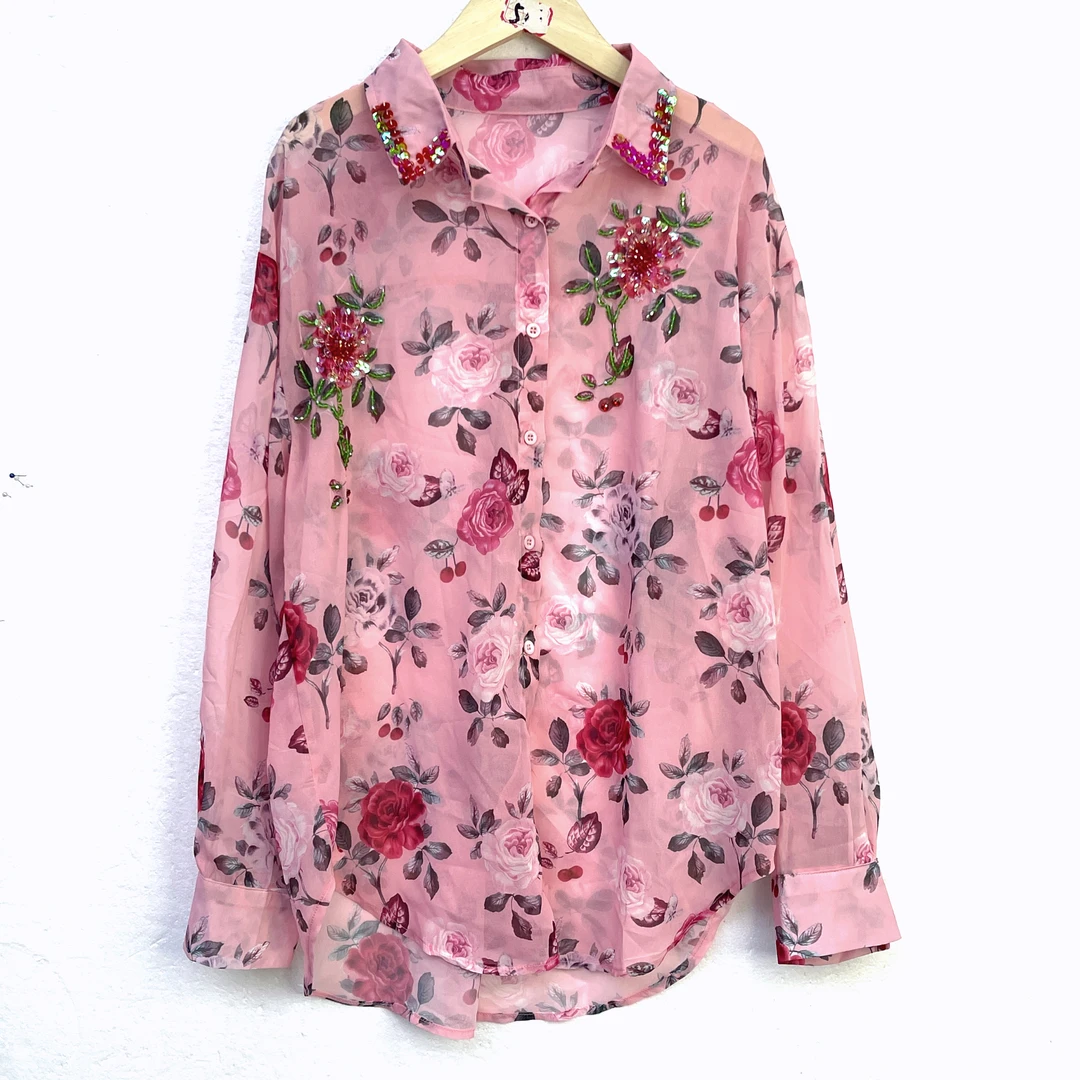 丽丽家 粉色花瓣烫钻设计感百搭开衫上衣A066