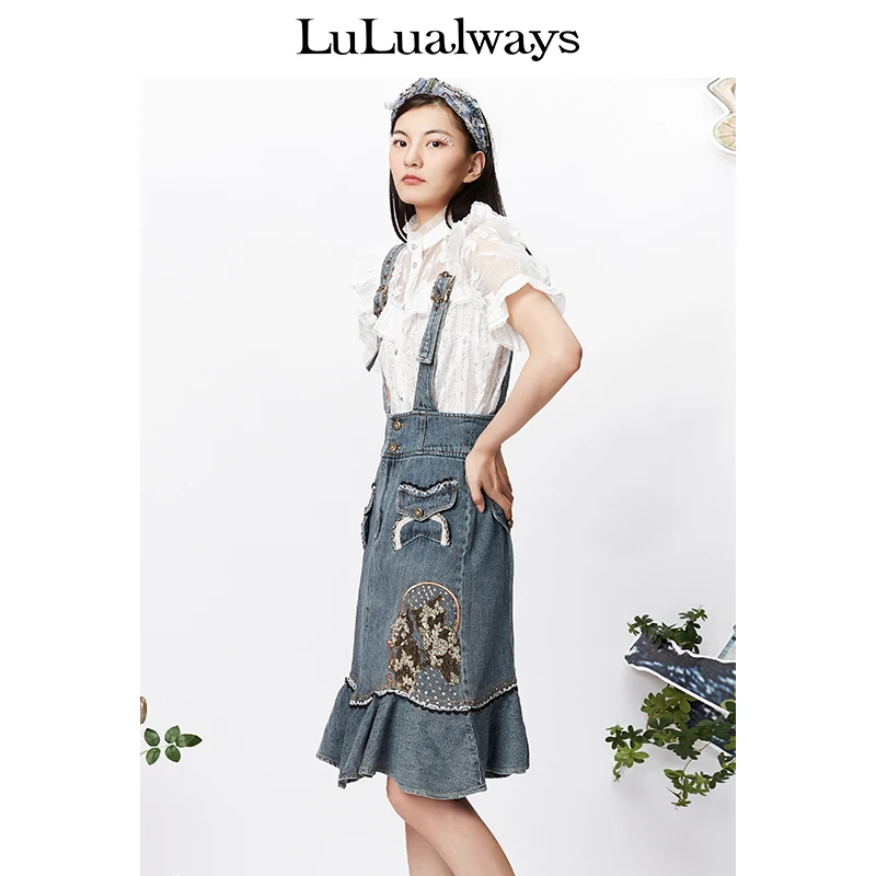 【小呆鸟专属】LULUALWAYS背带裙拼接刺绣牛仔蓝背带裙