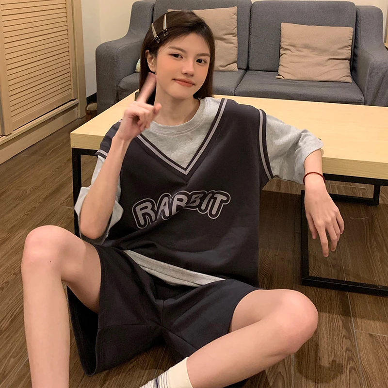夏季睡衣女短袖短裤套装学生字母休闲风宽松韩版夏天可外穿家居服