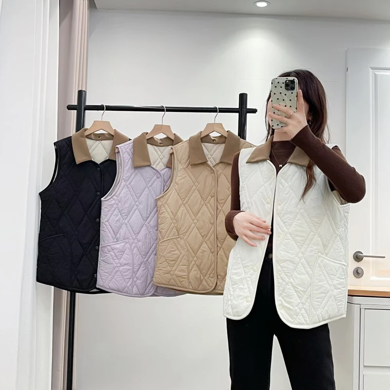 大码女装胖mm秋冬时尚显瘦轻薄夹棉马夹外套百搭休闲宽松翻领马甲