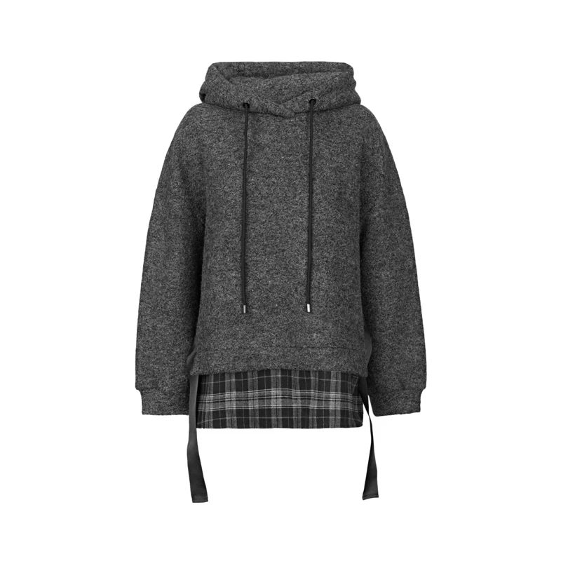 S·DEER圣迪奥秋季连帽毛呢拼接格纹飘带休闲简约卫衣S223Z2240