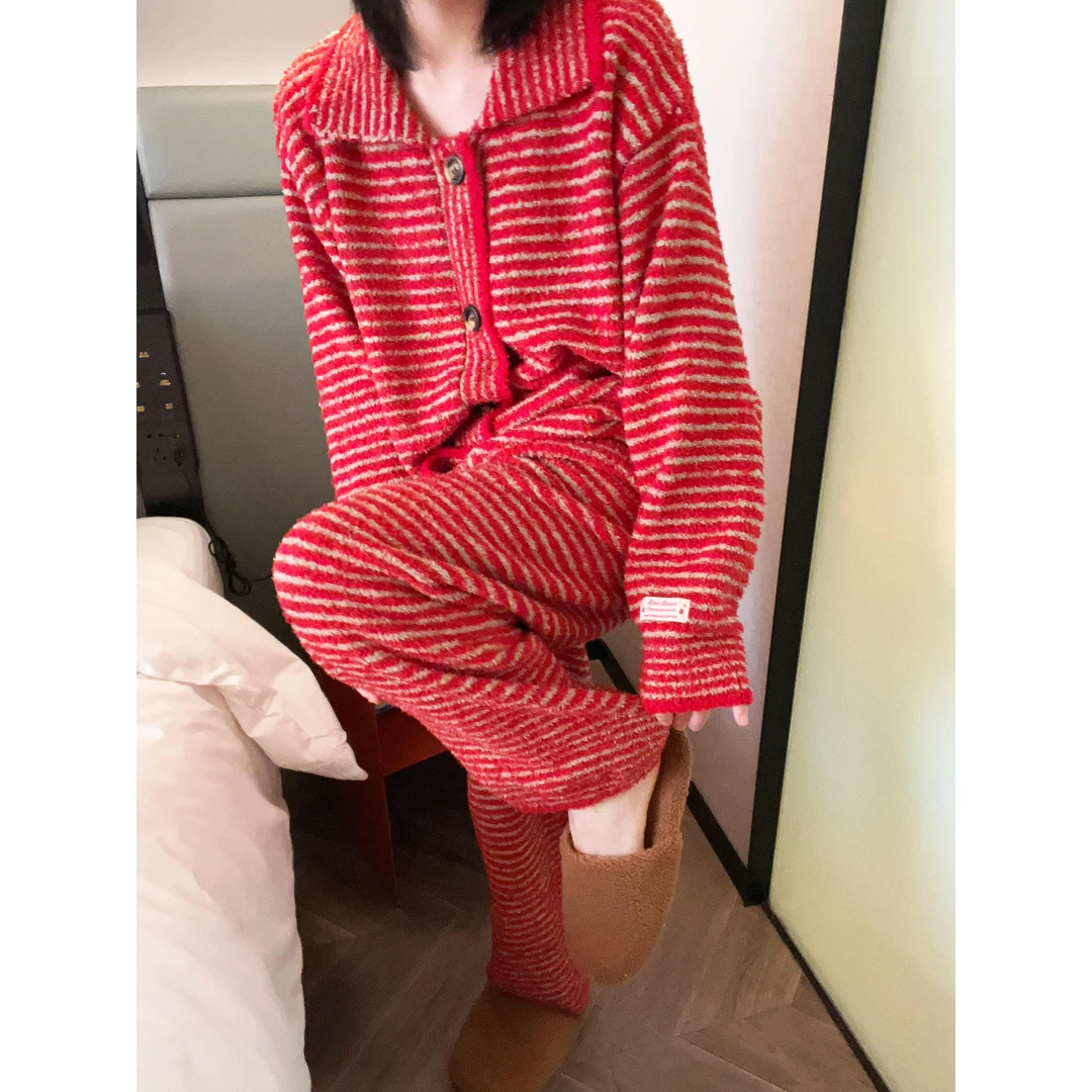 圣诞红色氛围感半边绒睡衣女秋冬条纹毛衣加厚长裤保暖家居服套装