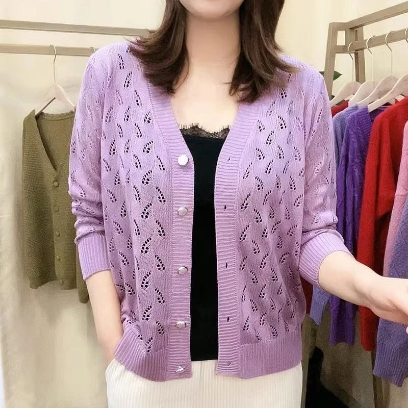 时尚外搭减龄上衣女夏季显瘦领长袖外搭开衫镂空薄款衣宽松睡衣