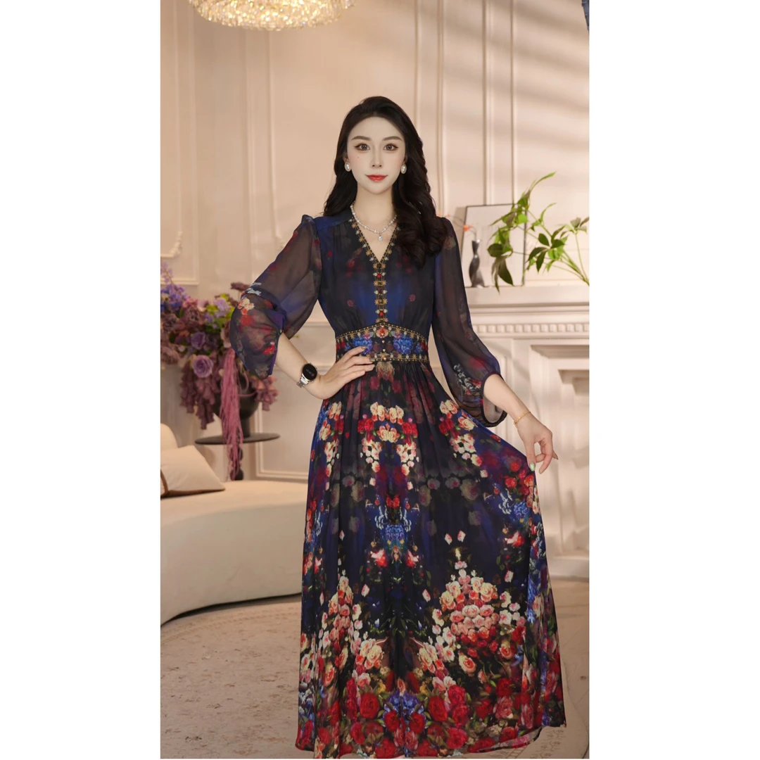 【夜宴蔷薇】新 26 深调繁花长裙 高腰遮肉显瘦显白度假高端连衣裙