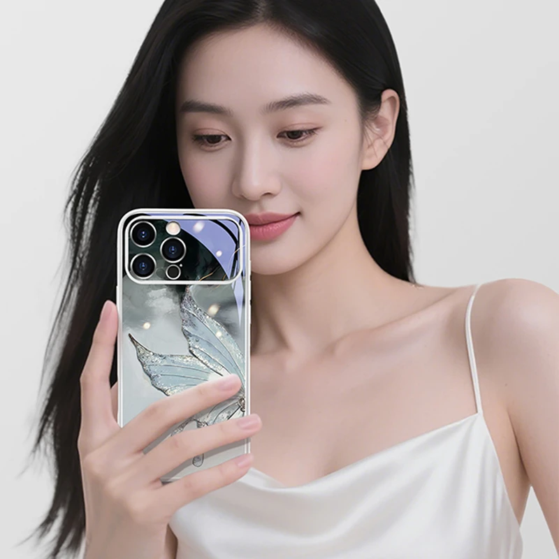 水墨蝴蝶适用苹果16promax手机壳大视窗玻璃iPhone17pro保护套15