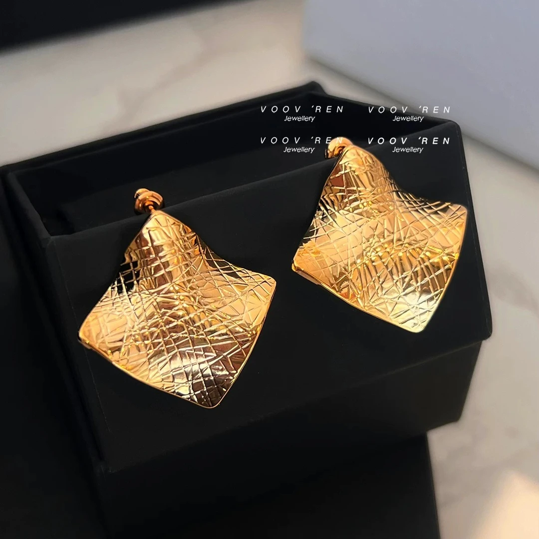 铜合金耳饰 高级方形扭曲肌理感耳环时尚气质褶皱百搭耳饰个性