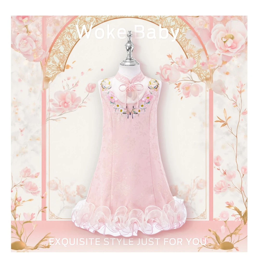 【全新微瑕】女童人丝国风旗袍夏季刺绣汉服旗袍连衣裙M5450