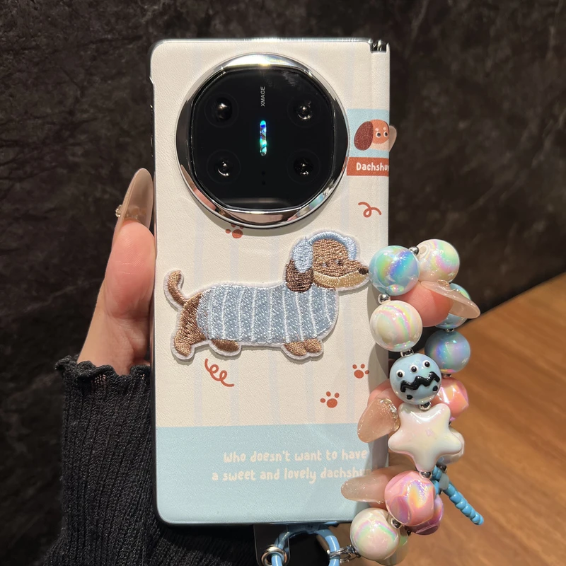 适用华为mateX6折叠屏手机壳mateX5典藏版刺绣耳机腊肠狗Matex3