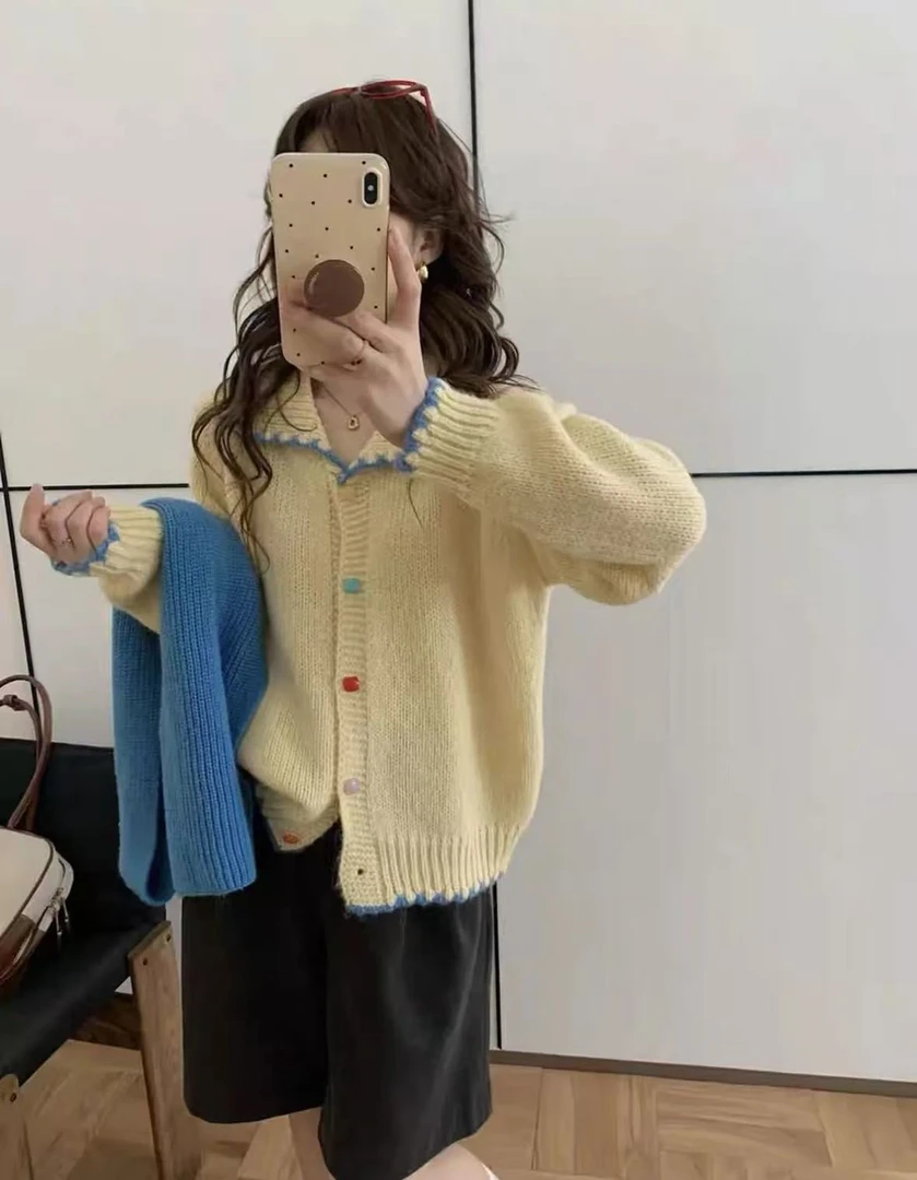 【独家厚版】韩版糖果色翻领毛衣开衫秋款设计感纽扣小众气质针织衫
