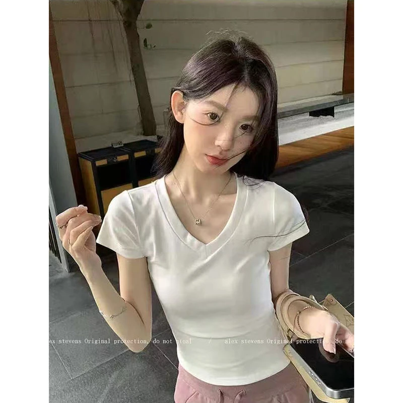小众v领正肩t恤修身显瘦辣妹黑色短袖女2025夏季百搭收腰灰色上衣