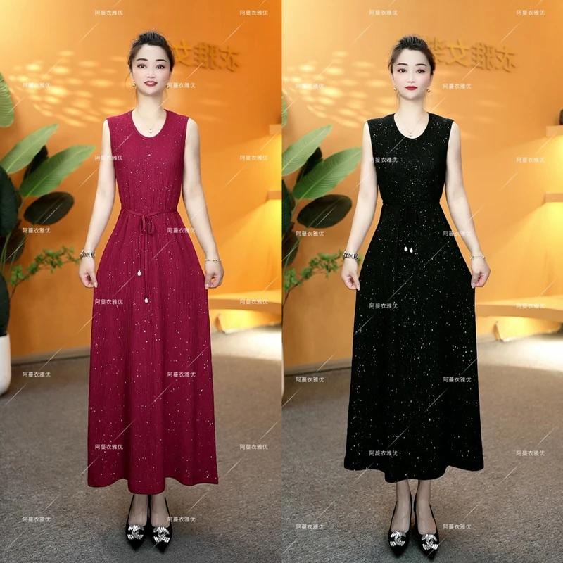 【衣雅严选】2212-1408#新款丝光压皱烫金系带显瘦显高无袖长裙