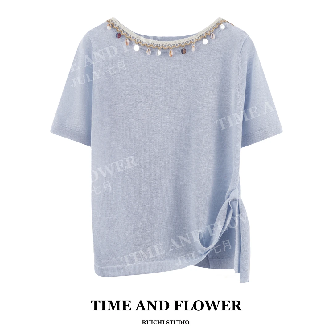 波西米亚高级感2025年绝美领口下摆打揽短袖套头短袖针织衫上衣女