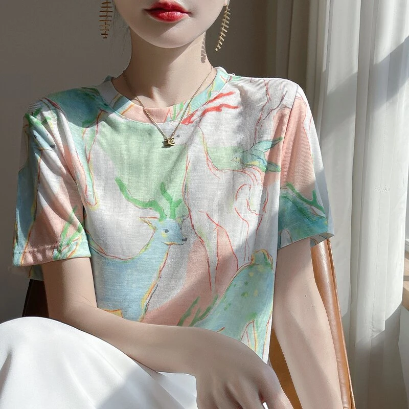 薄款印花短袖女装毛针织衫洋气圆领显瘦气质时尚休闲复古小众减龄