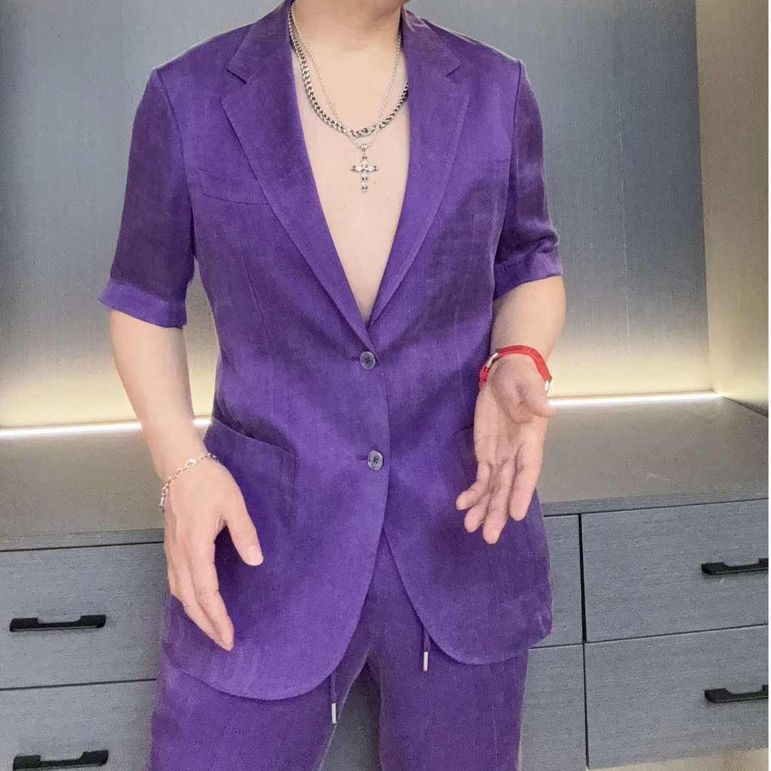 夏季短袖设计师套装手工私服男士气质修身透气质感舒适高定轻奢