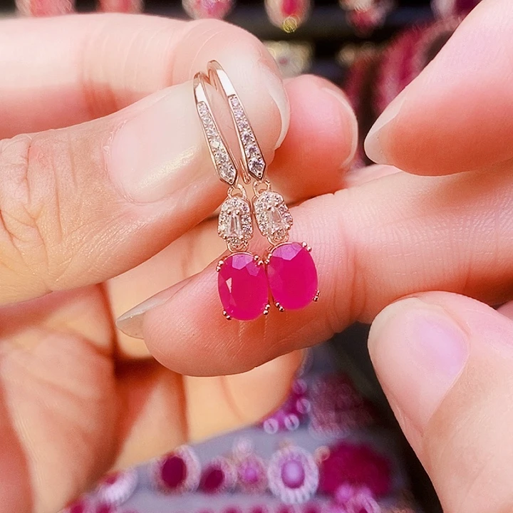 红宝石耳饰银S925镶嵌