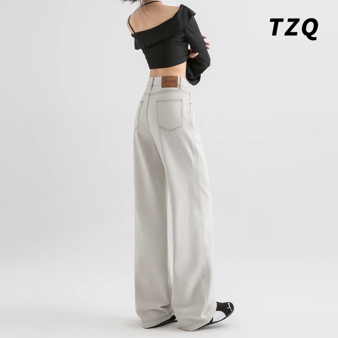 2025春款白灰色高腰直筒牛仔裤口袋设计阔腿垂感拖地裤TZQ2521032