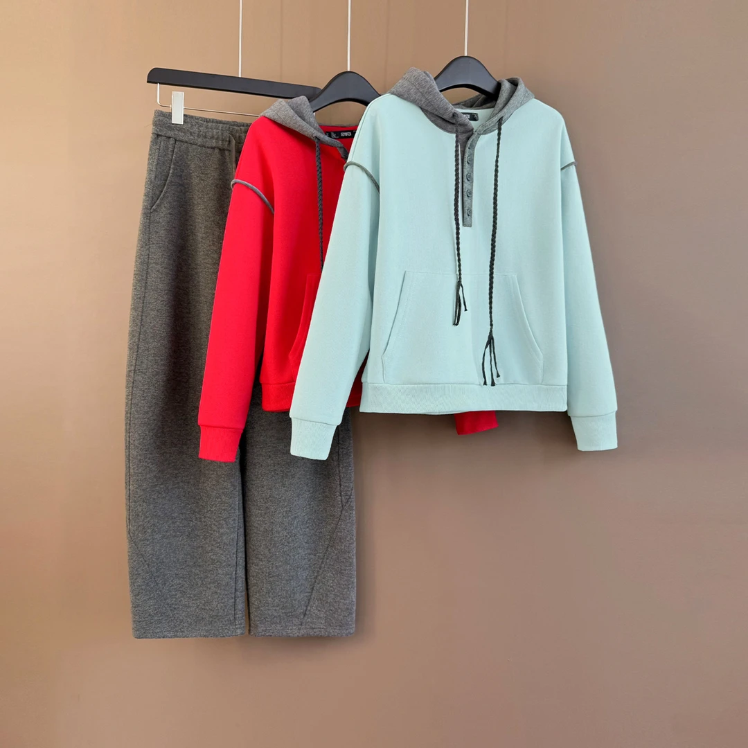 休闲时尚套装女秋季新款洋气减龄纯色长袖卫衣灰色阔腿长裤两件套