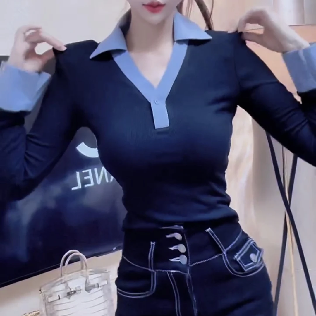 POLO领修身型宽松型长袖常规T恤常规款女休闲风拼接