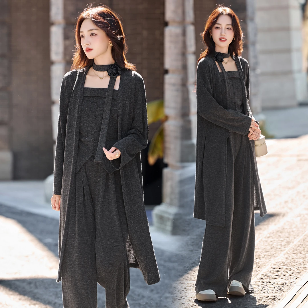 高级感气质慵懒风套装女2025春秋新款设计感开衫吊带阔腿裤三件套