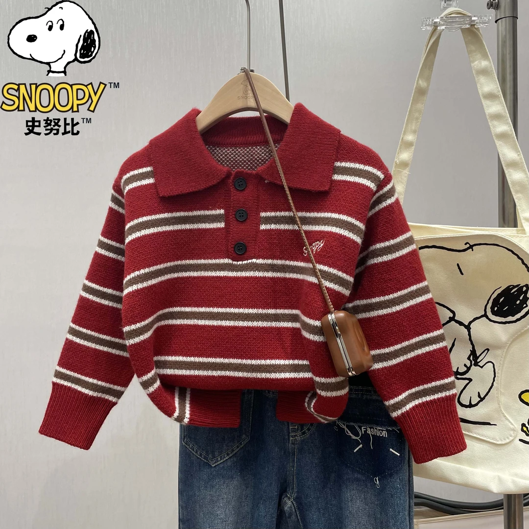 Snoopy/史努比2025秋冬新款儿童男童红色条纹毛衣男孩针织衫