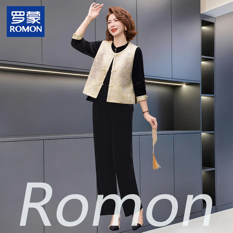 罗蒙妈妈秋装时尚绣花中式套装中年国风妈妈套装50-60岁高档套装