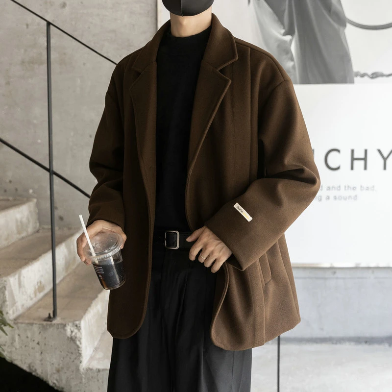 棕色毛呢料西装男潮牌宽松厚外套痞帅高级秋冬短款呢大衣休闲风衣