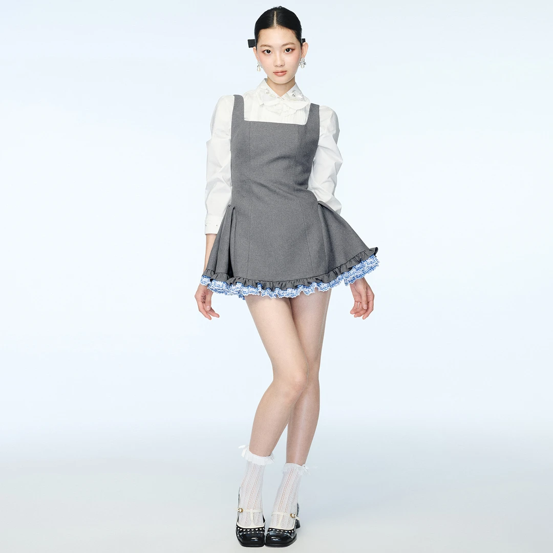 【徐梦洁同款】lefame拉飞姆2025秋季新款格子刺绣花边收褶连衣裙