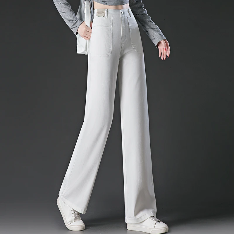 2025春季新款白色天丝牛仔裤窄版阔腿裤女士高腰春秋直筒拖地裤子