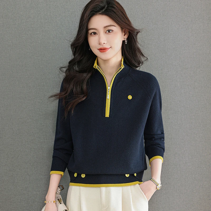 正品冬季新款拼色立领半拉链纽扣针织衫洋气百搭休闲设计感打底衫