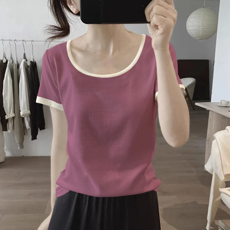 夏季爆款U领拼色宽松大码显瘦螺纹条纹短袖T恤女百搭圆领打底上衣