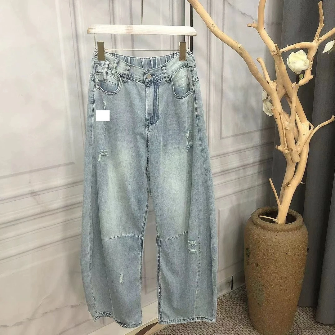 2025年春季新款休闲宽松半松紧腰牛仔弯刀裤7260#