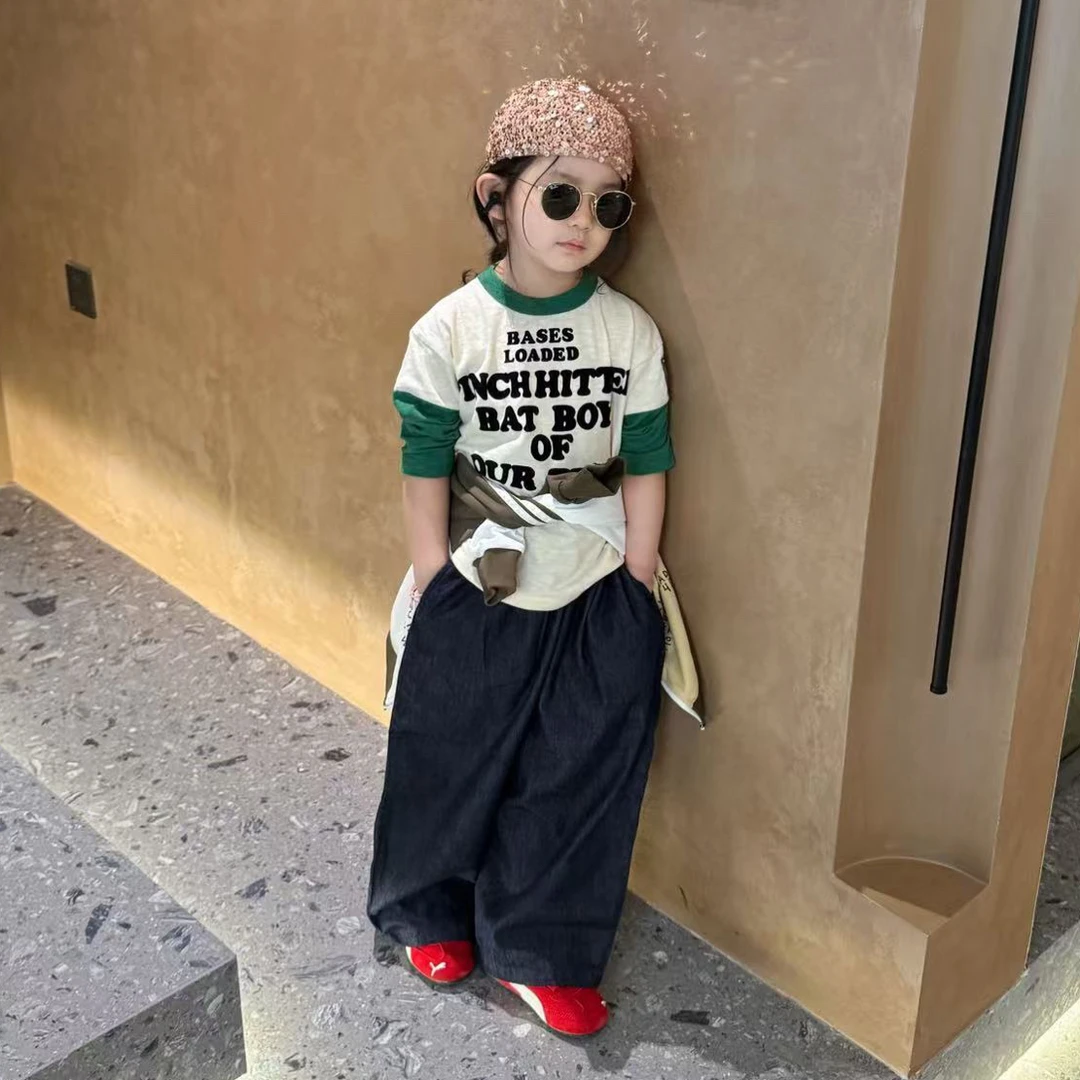 小思家2025年秋季新款男女童拼色长袖上衣休闲牛仔裤套装