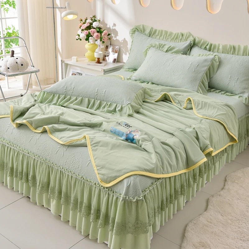 2025新款凉感豆豆床裙夏被四件套--花梦蝶夏凉被机洗