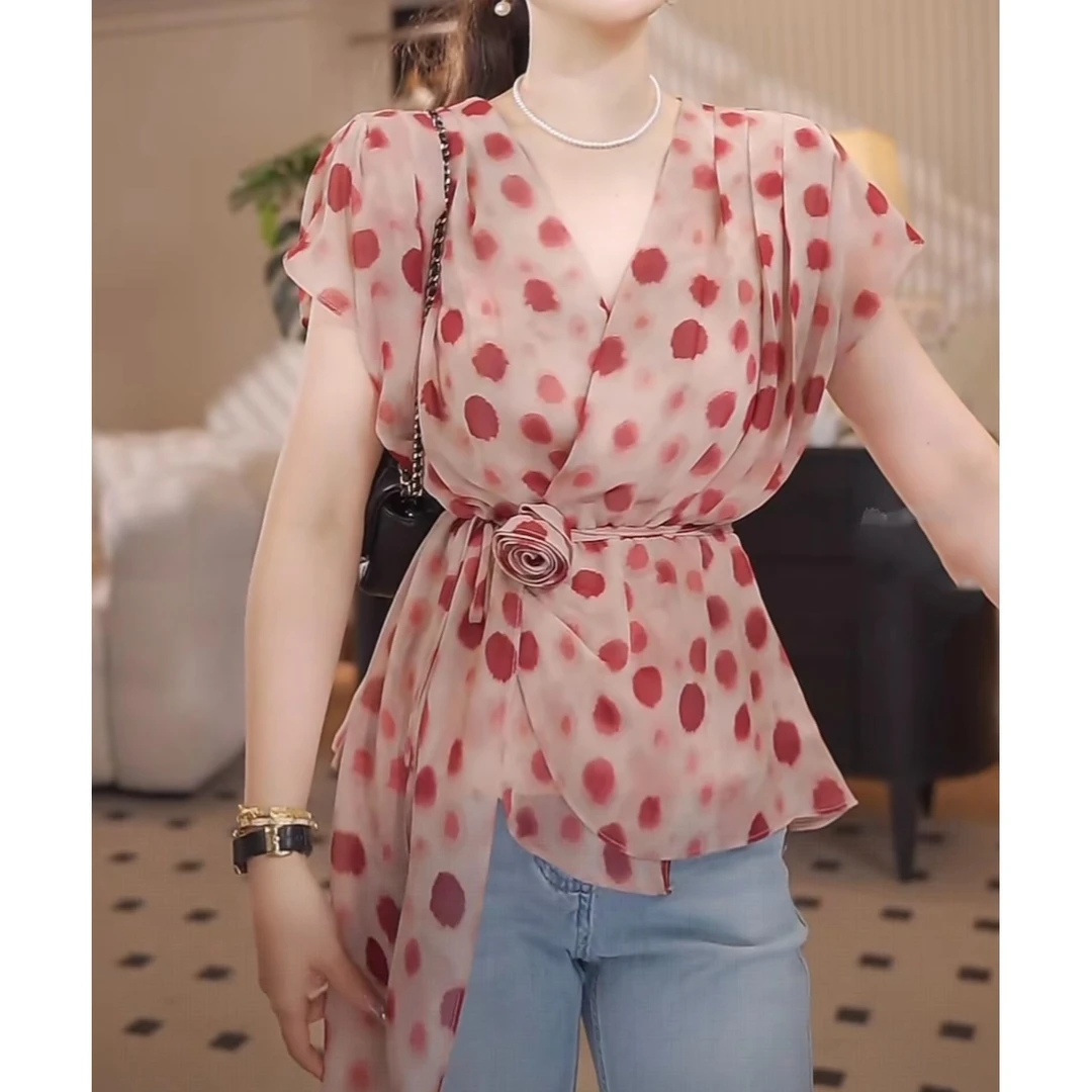 2025夏季新款撞色波点设计感短袖上衣时尚洋气V领飘带气质百搭T恤