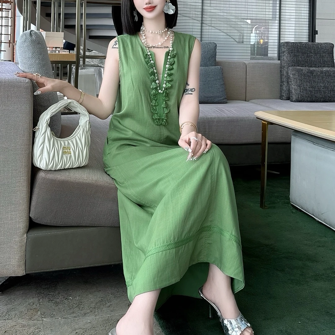 《董太推荐》气质时尚法式宽松亚麻中长款连衣裙
