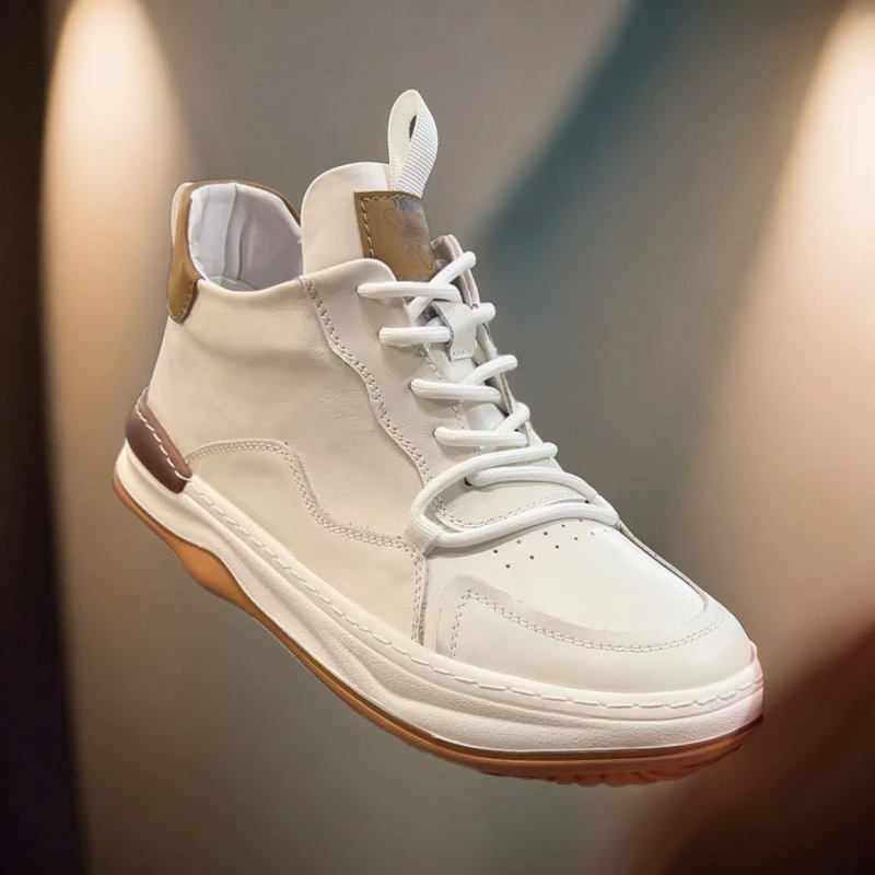 【德奈虎】高帮头层牛皮小白鞋男士休闲板鞋皮鞋男款真皮透气2505