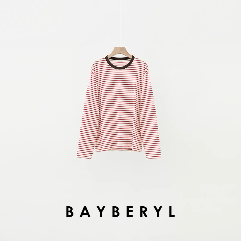 BAYBERYL老贝自在跳脱*撞色条纹圆领休闲减龄春T恤NT4L3043-2/15